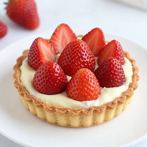 Photograph of a cream-topped strawberry tart with bright red, fresh strawberries on a white plate, featuring a golden, crumbly crust.