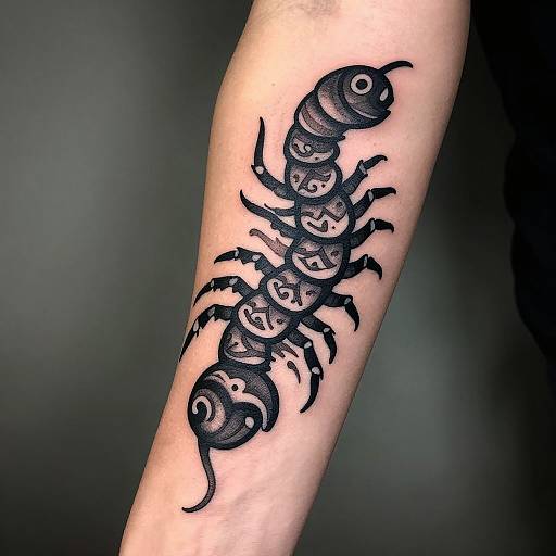 Photograph of a black, intricately detailed tattoo on a light-skinned forearm featuring a segmented scorpion with expressive, cartoon-like faces on each segment