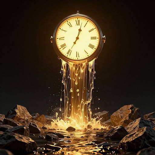 Photograph of a glowing clock with golden hands and Roman numerals, melting and dripping into a splashing rocky pool.