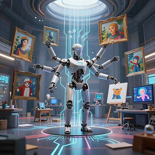 CGI image of a robotic figure with six arms holding framed portraits, standing in a futuristic art gallery with glowing blue lines and neon accents.