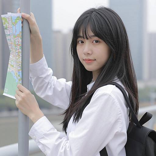 Asian Woman Holding Map on Urban Bridge