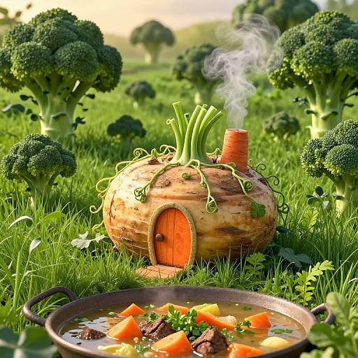 Photograph of a whimsical, steaming, round vegetable house with a wooden door in a lush broccoli field, with a cooking pot of stew in