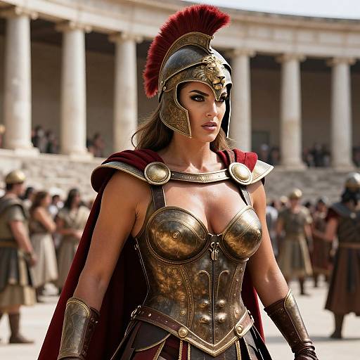 Digital artwork of a muscular, tan-skinned woman in ancient Roman warrior armor, red plume helmet, and cape, standing amidst a crowd of soldiers