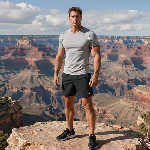 Muscular man in gray t-shirt, black shorts, and black sneakers stands on Grand Canyon rock ledge, overlooking vast, colorful canyon.