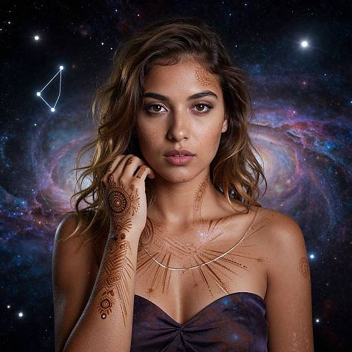 Photograph of a brown-skinned woman with wavy hair, wearing a strapless black top, adorned with intricate henna tattoos and gold necklaces