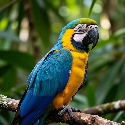 Vibrant photograph of a blue-and-yellow macaw perched on a branch, showcasing its bright blue wings, yellow chest, and black beak