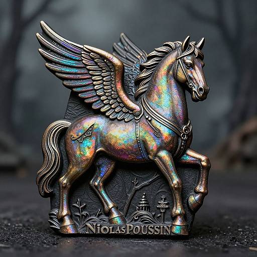 Photograph of a shimmering, metallic, Pegasus statue with iridescent colors, detailed wings, and intricate designs, standing on a textured base
