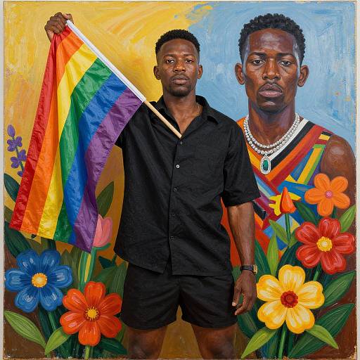 Photograph-style painting of two Black men; one holds a rainbow flag, wearing black, the other in colorful attire, surrounded by vibrant flowers.