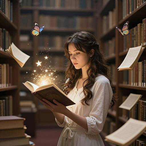Photograph-like digital art of a young woman with long, wavy brown hair, wearing a white blouse, reading an enchanted book with glowing stars and