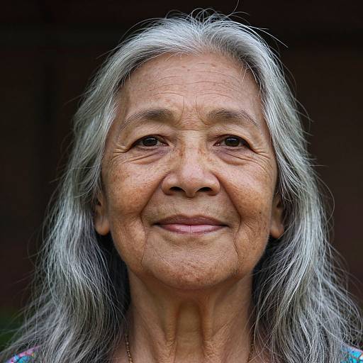 Photograph of an elderly woman with long, silver hair, wrinkled skin, and a gentle smile, set against a dark background.