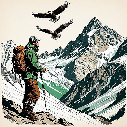 Alpine Expedition Illustration with Eagle