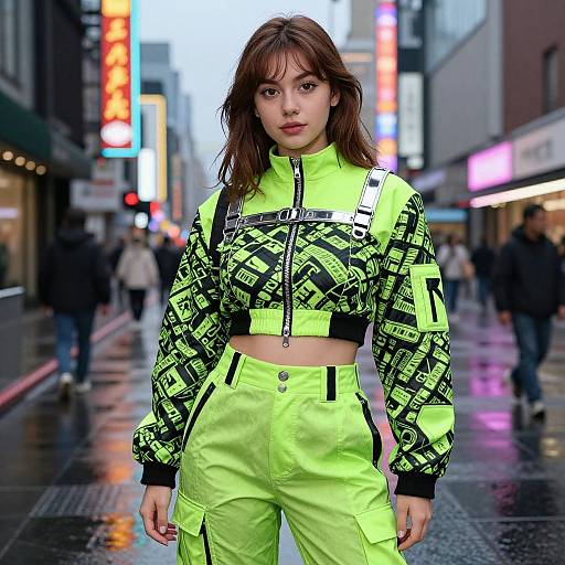 Photograph of a young woman with fair skin and brown hair, wearing a neon green and black geometric-patterned cropped jacket and pants, standing on a