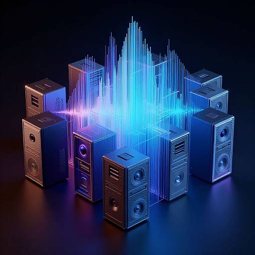 Photograph of seven glowing blue neon-illuminated speakers arranged in a grid, emitting vibrant electric blue light against a dark background.