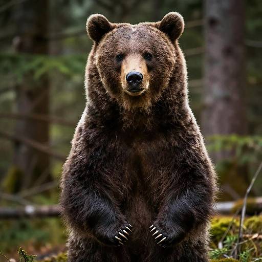 Photograph of a large, dark brown bear standing upright in a dense forest, with its claws visible, and a focused gaze.