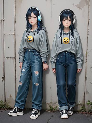 Two Girls in Grey Emoji Hoodies and Blue Jeans