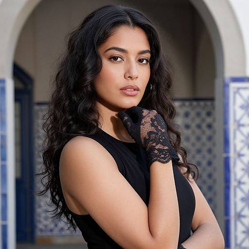 Photograph of a beautiful woman with long, wavy black hair, wearing a black lace glove and sleeveless black top, standing in a tiled,