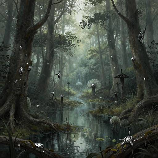 Digital painting of a mystical forest with a reflective stream, luminescent fairy-like creatures, moss-covered trees, and misty light filtering through.