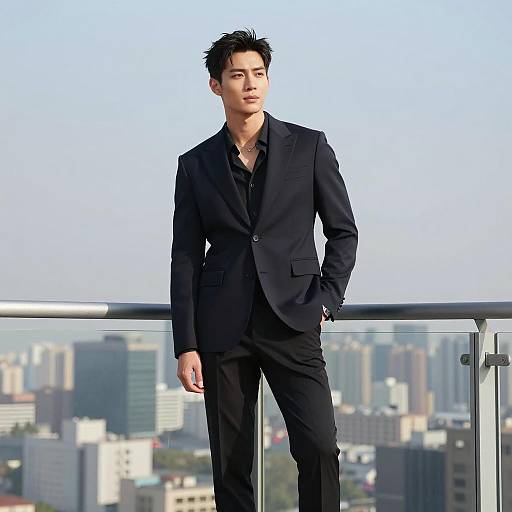 Stylish man posing on high-rise balcony