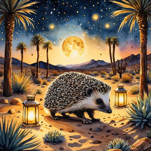 Watercolor Hedgehog in Desert Oasis at Twilight