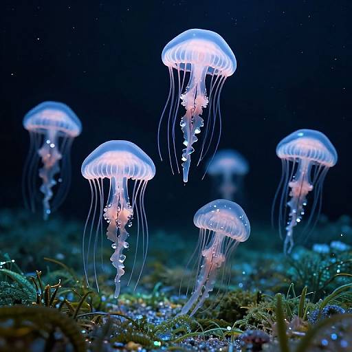 Photograph of glowing, translucent jellyfish with delicate, flowing tentacles floating above a dark, underwater seabed adorned with green algae and small sparkling particles