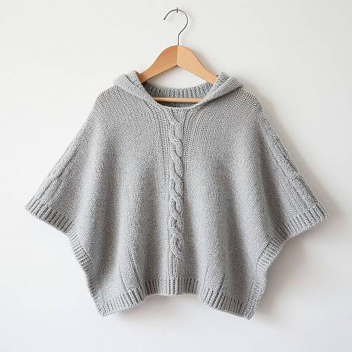 Photograph of a gray, knitted, hooded sweater with a button-up front, hanging on a wooden hanger against a white background.