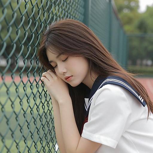 Serene Young Woman by Green Fence