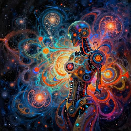 Vibrant, abstract digital art of a futuristic, robotic figure surrounded by swirling, colorful energy patterns and glowing orbs in a dark, starry space