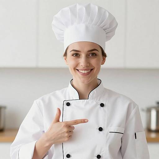 Smiling Female Chef Pointing to Blank Space