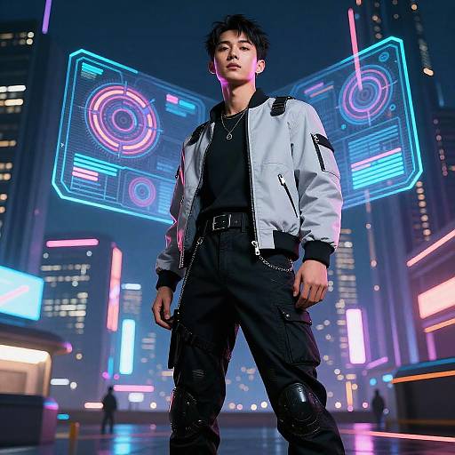Digital CGI of an Asian man in a cyberpunk city, wearing a white jacket, black pants, and knee pads, with neon blue and pink holog