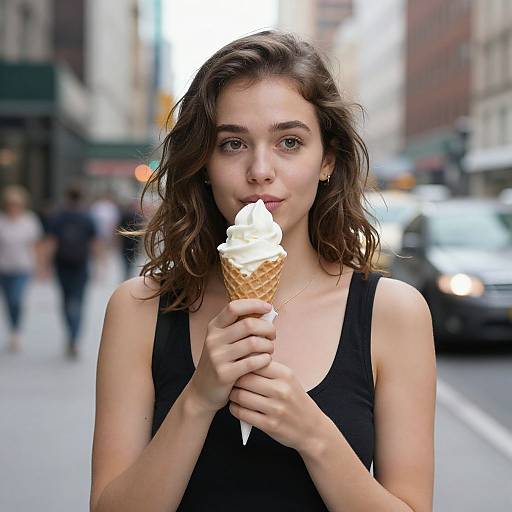 Photograph of a young woman with wavy brown hair, wearing a black tank top, holding and licking a vanilla ice cream cone on a bustling city