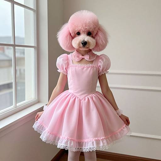 Photograph of a pink poodle wearing a frilly pink dress with white lace trim, standing by a sunlit window.