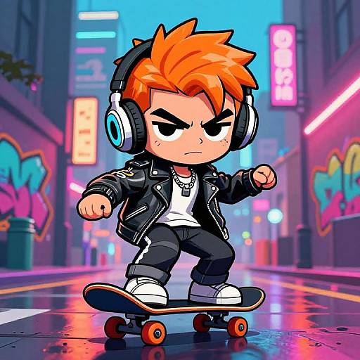 Chibi-style digital drawing of an angry, orange-haired boy with headphones, black leather jacket, white tee, and black pants, skateboarding in a