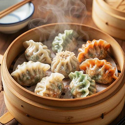 Vibrant Dim Sum in Bamboo Steamer
