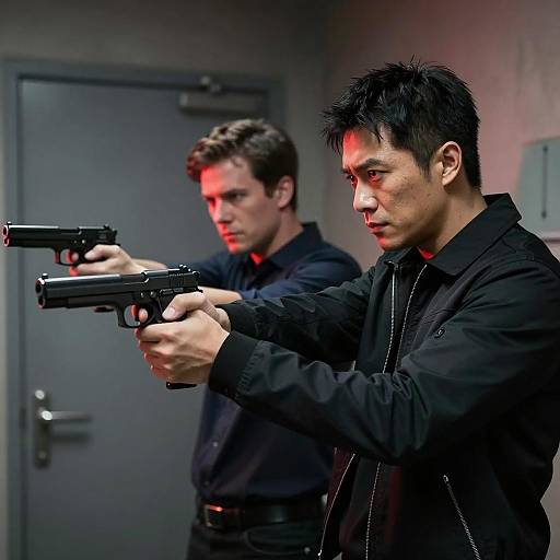 Two Men Aiming Pistols Indoors