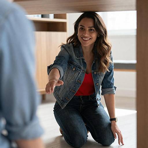 Smiling Woman Kneeling Under Table