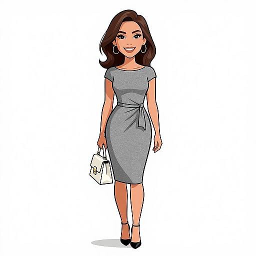 Cartoon-style illustration of a smiling woman with dark brown hair, wearing a gray dress, black heels, hoop earrings, and carrying a white handbag