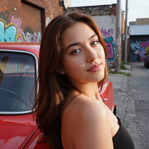 Photograph of a young woman with brown hair and light skin, wearing a black tank top, standing beside a red vintage car in a graffiti-covered urban