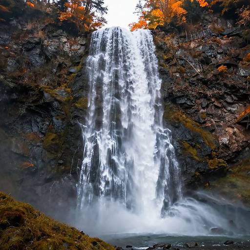 Photograph of a powerful waterfall cascading down a rocky cliff, surrounded by autumn-colored trees with vibrant orange and brown leaves.