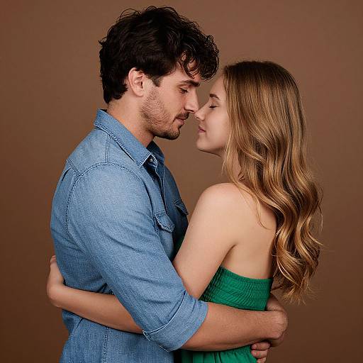 Photograph of a young couple in an intimate embrace, facing each other with closed eyes. He wears a blue denim shirt, she wears a green strap