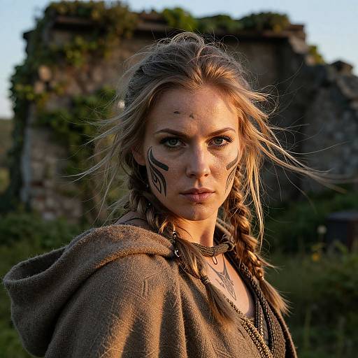 Photograph of a young woman with braided blonde hair, tribal face paint, and brown hooded cloak, standing in front of a ruined, vine