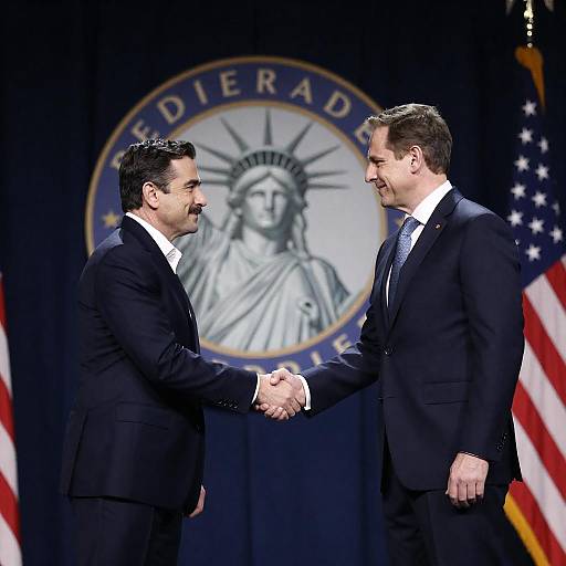 Handshake on Stage with Liberty Emblem