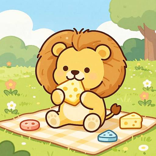 Cartoon lion with a big brown mane sits on a blanket, eating cheese, with cheese wedges and buttons around. Bright, sunny meadow background