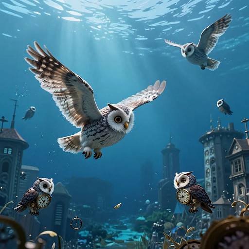 Photorealistic digital artwork of flying owls with clock faces, surrounded by underwater buildings, sunlight filtering, surrounded by small fish and bubbles.