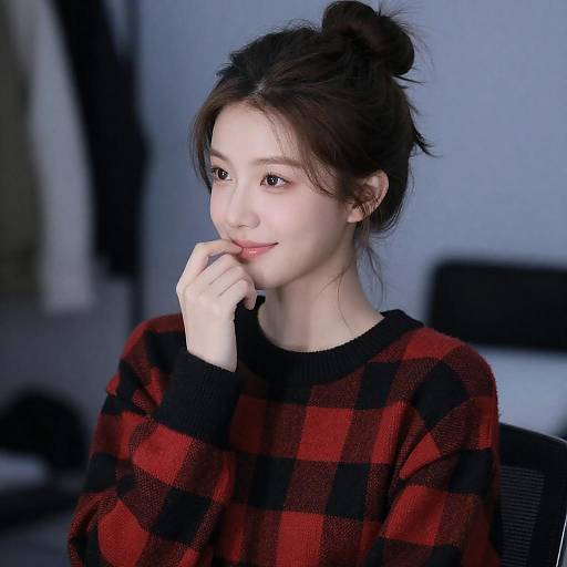 Smiling Woman in Red Checkered Sweater