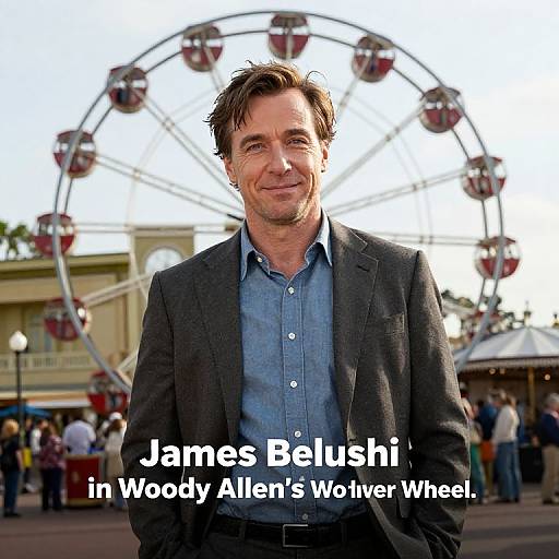 Photograph of James Belushi in a dark suit, blue shirt, smiling, in front of a Ferris wheel at Woody Allen's Wheel. Text
