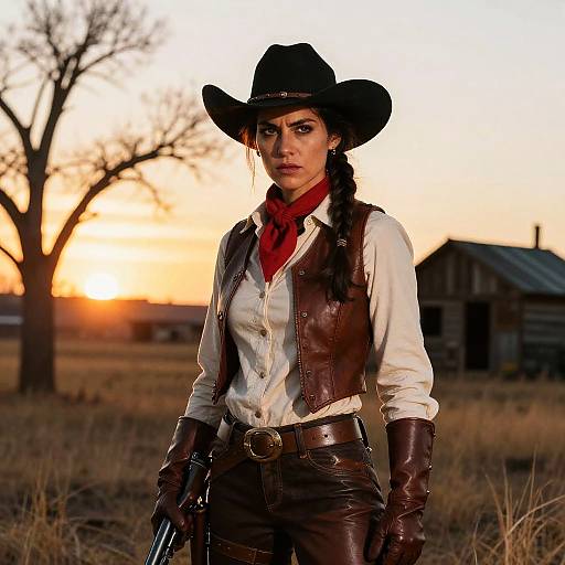 Photograph of a serious-looking woman in cowboy attire, with black hat, white shirt, brown vest, and leather gloves, standing in a sunset-l
