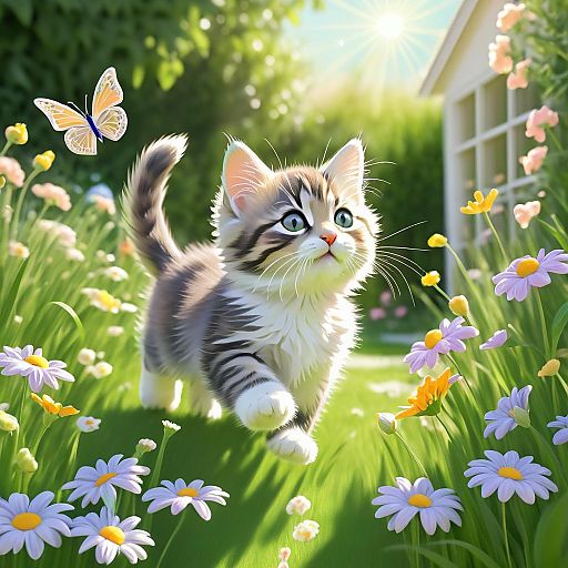Playful Kitten Chasing a Butterfly Illustration Playful Kitten Chasing a Butterfly Illustration