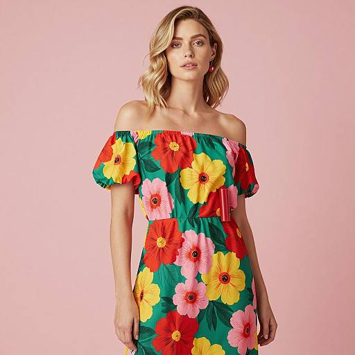 Blonde Woman in Colorful Floral Dress