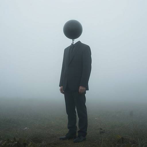 Photograph of a man in a black suit with a black spherical head, standing in a foggy, grassy field.