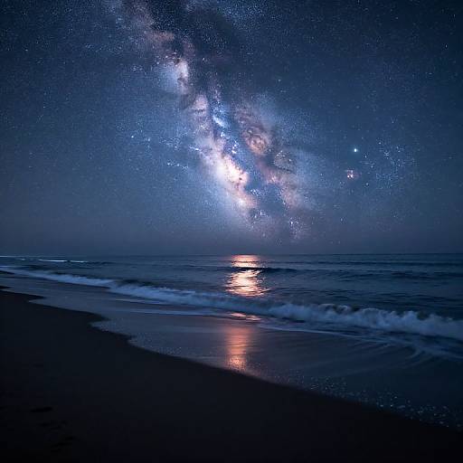 Photograph of a nighttime beach with the Milky Way galaxy stretching across the starry sky, reflected in the ocean's gentle waves.